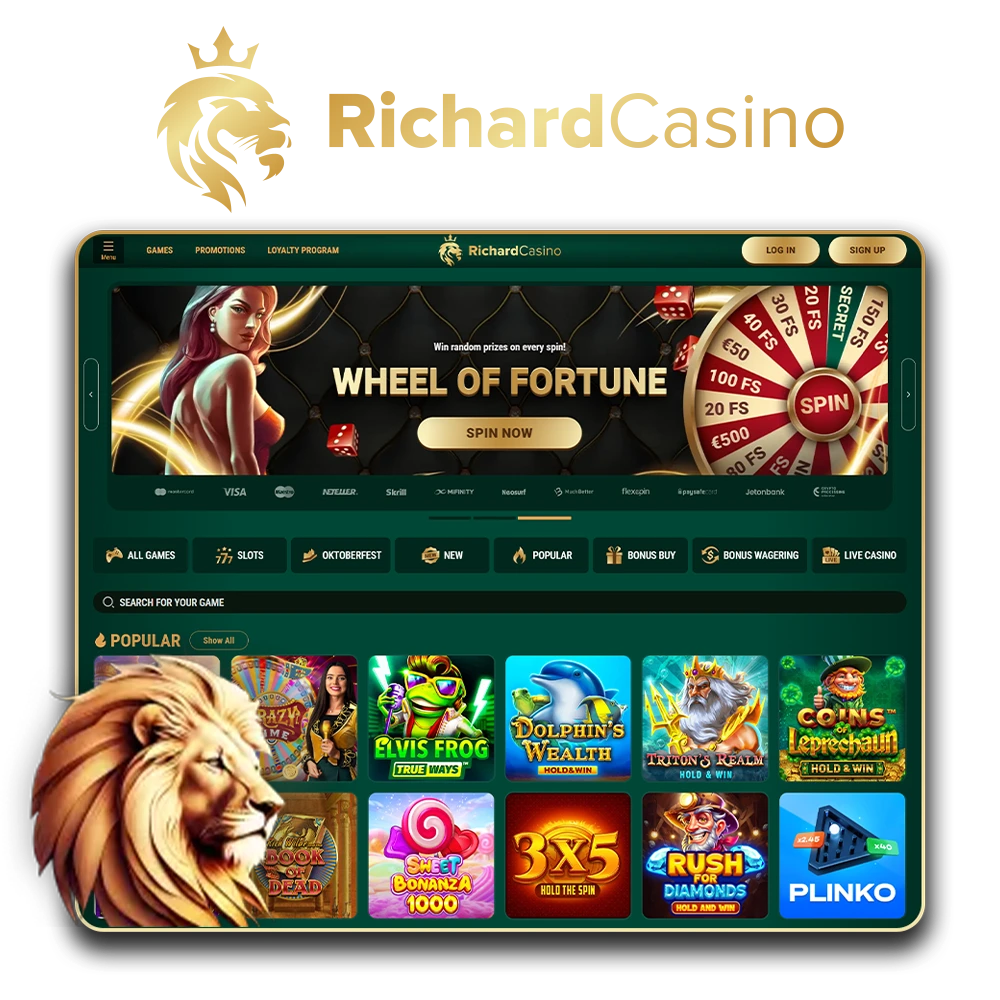 Richard Casino homepage: Irish online casino with slots and live tables, 100% up to €1000 + 100 free spins, mobile-friendly.